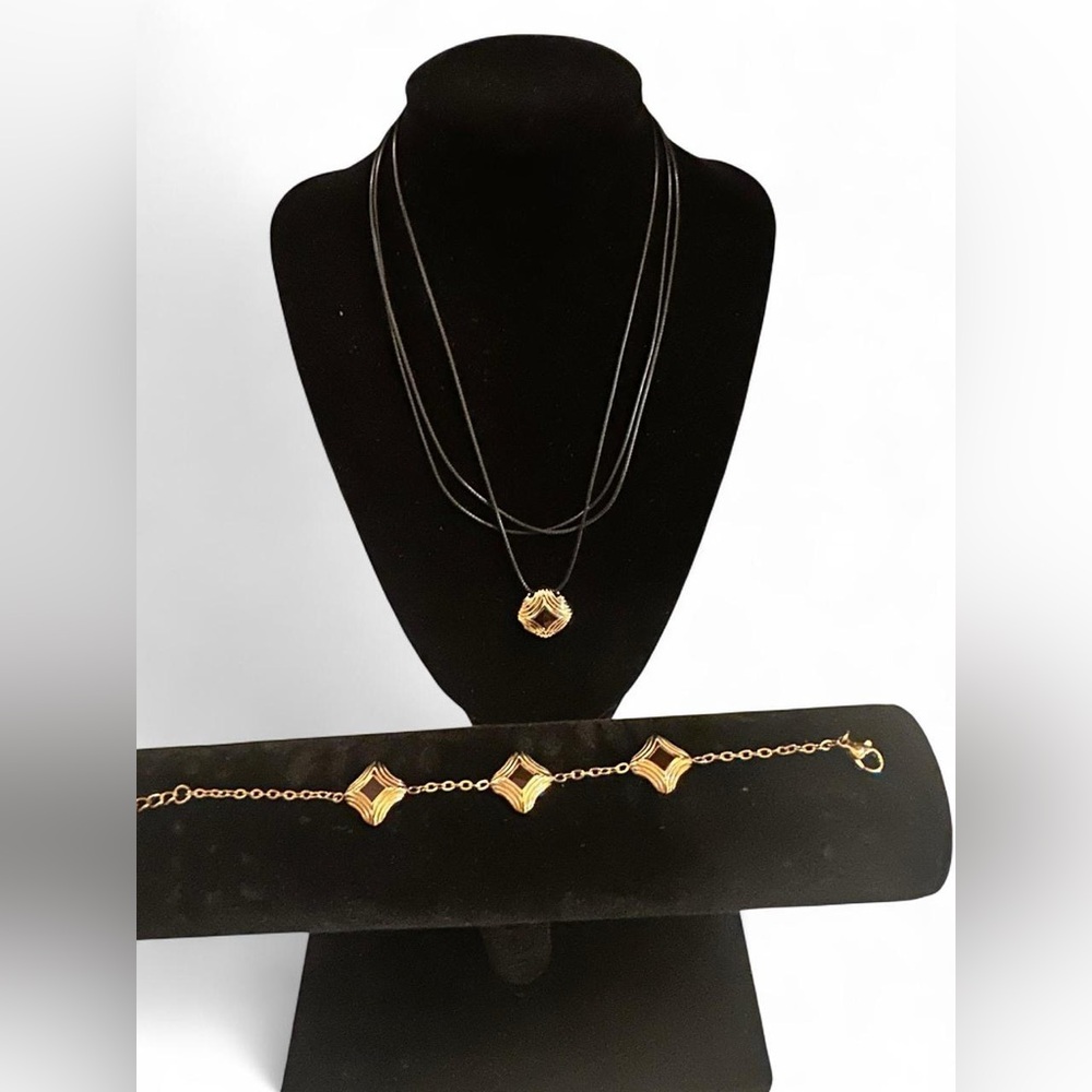 SLIDE 18k goldPlated bracelet and necklace on leather chain set #jewelleryset
